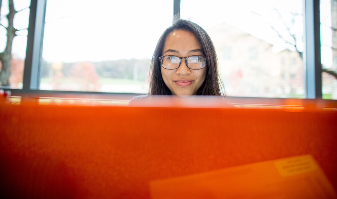 Student looking at computer, smiling